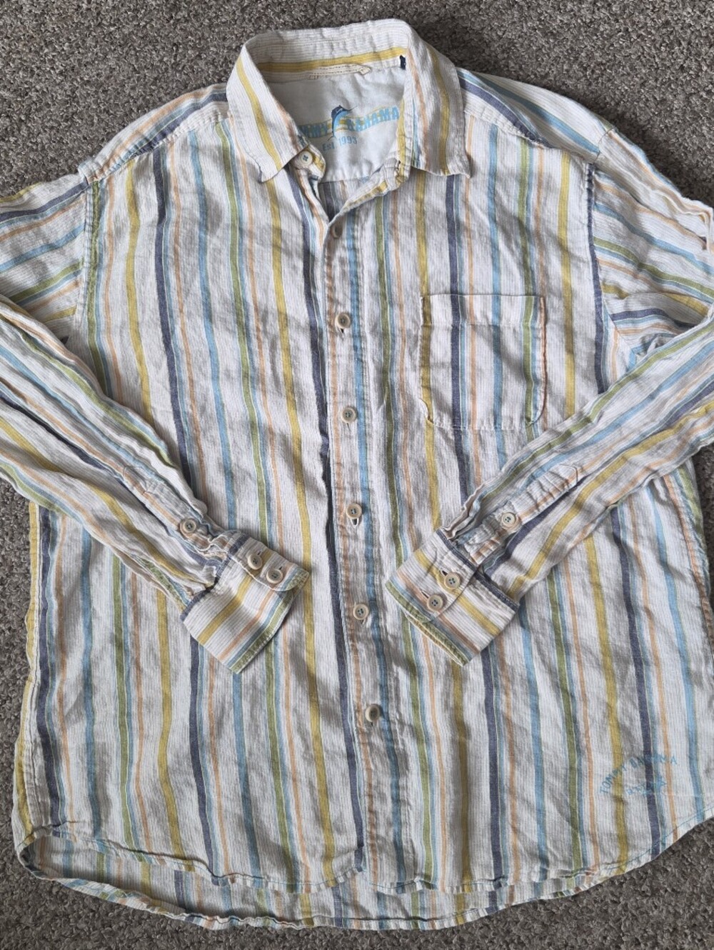 Tommy Bahama Relax 100% linen shirt Mutilcolor Striped Mens Large Contrast Stitc
